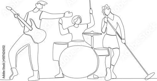 A band performing rock songs. Music band one-line drawing