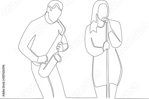 A woman singing accompanied by saxophone. Music band one-line drawing
