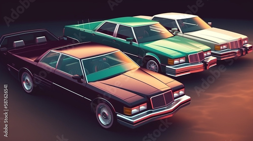 Group of classic american cars on a black background. 3d rendering  AI generative