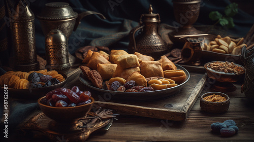 Traditional samosa on a wooden background. Ramadan Kareem, AI generative