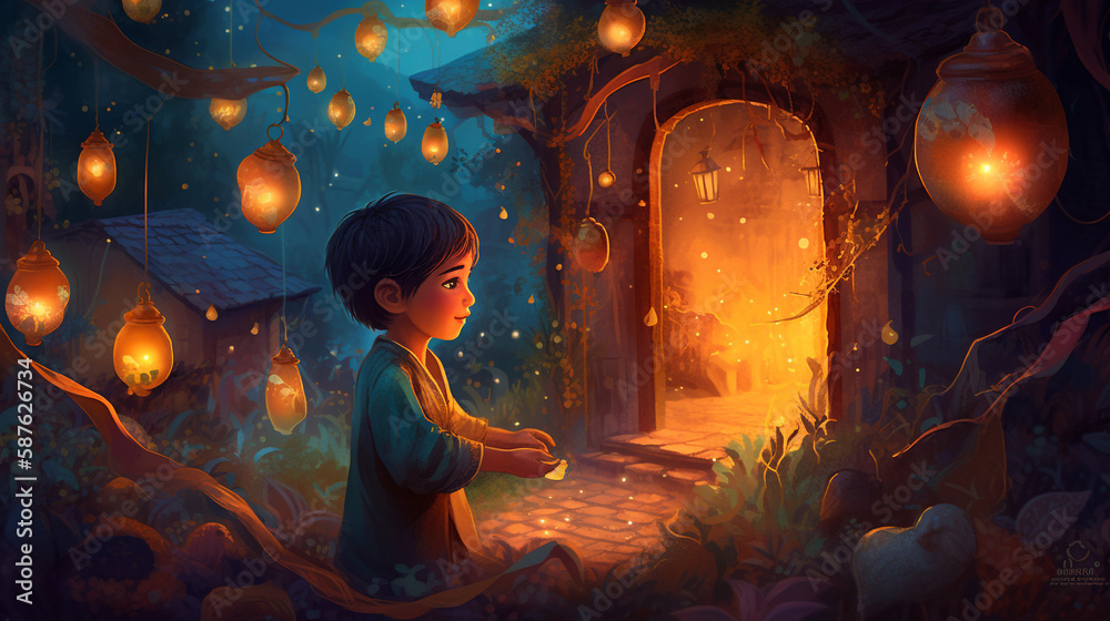 3D rendering of a little boy in a magical forest. Fantasy world. AI generative