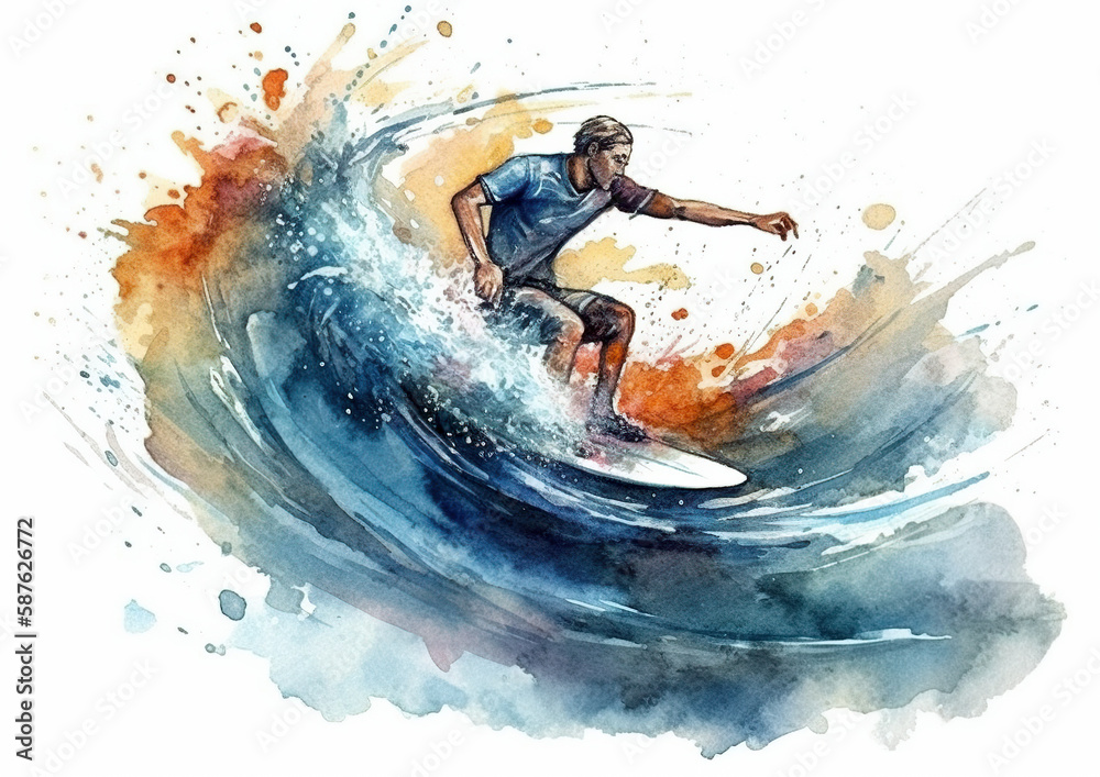 Watercolor abstract illustration of Surfing. Surfing in action during colorful paint splash, isolated on white background. AI generated illustration.