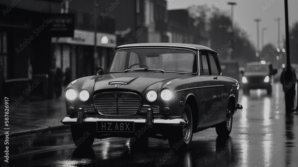 Old car of 90s with retro feel on road in black and white Old car of 90s with retro feel on road in black and white