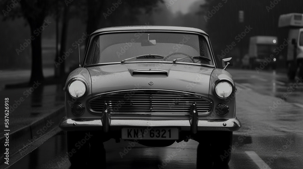 Old car of 90s with retro feel on road in black and white