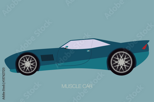 muscle car, side view, flat design style