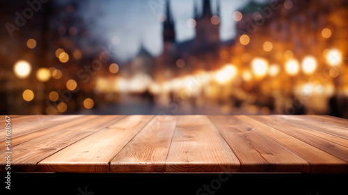 Empty wooden table in front of abstract blurred background for product display in local market or bar. Generative AI
