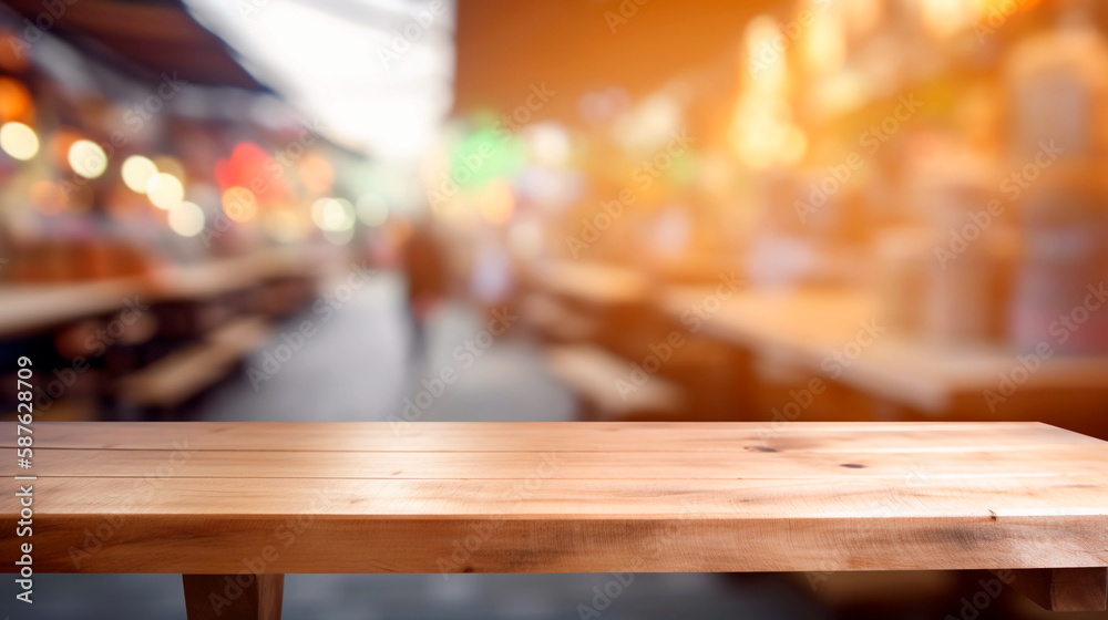 Empty wooden table in front of abstract blurred background for product display in local market or bar. Generative AI