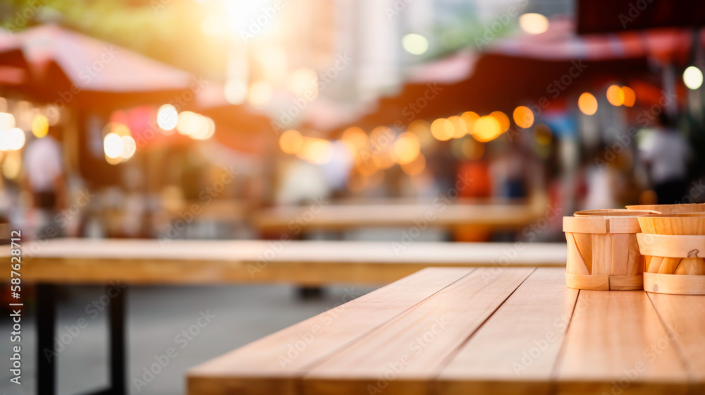 Empty wooden table in front of abstract blurred background for product display in local market or bar. Generative AI