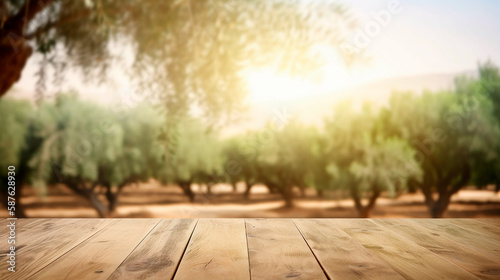 Empty wooden counter table in front of blurred background of olives and olive trees. Generative AI