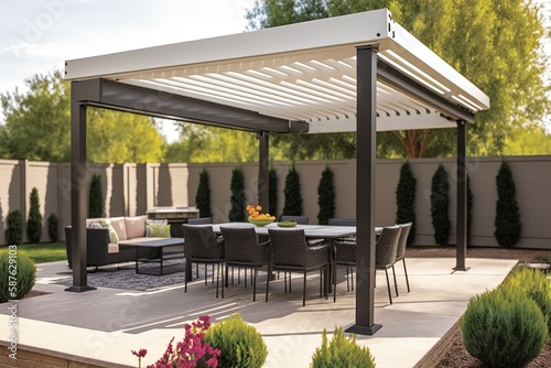 Modern patio furniture include a pergola shade structure, an awning, a patio roof, a dining table, seats, and a metal grill. Generative Ai.