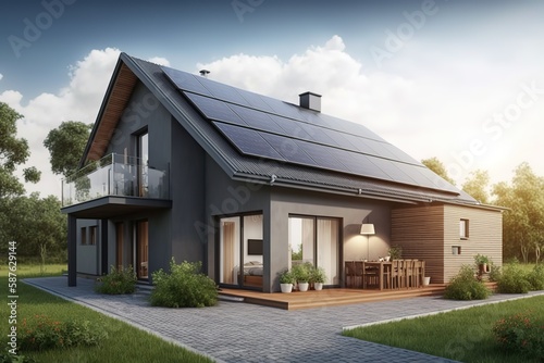 Homes with solar panels on the roof under a bright sky A close up of a brand new structure with dark solar panels. Zonneenergie, Zonnepanelen, Translation Sun Energy, solar panel. Generative Ai.