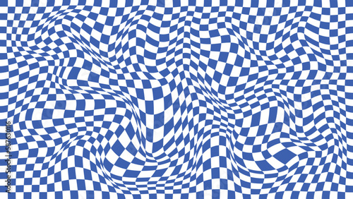 Checkered background with distorted squares. Abstract banner with distortion. Chess pattern. Chessboard surface