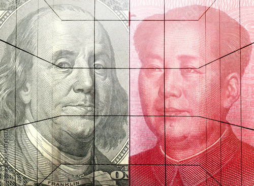 Wallpaper Mural Close-up of images of dollars and yuan recurring on white tiles. Double exposure conceptual image of American and Chinese currency competition. Torontodigital.ca