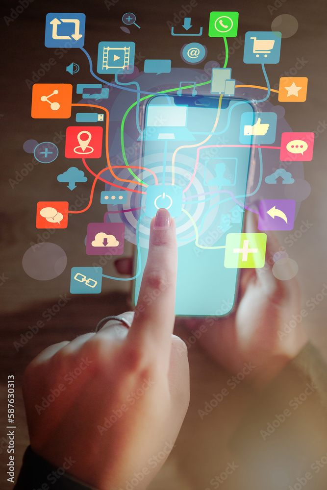 Closeup, hands and phone green screen of social media hologram, networking app icons or mockup for woman in night office. Working late designer, mobile and user technology abstract of 3d connection Closeup, hands and phone green screen of social media hologram, networking app icons or mockup for woman in night office. Working late designer, mobile and user technology abstract of 3d connection