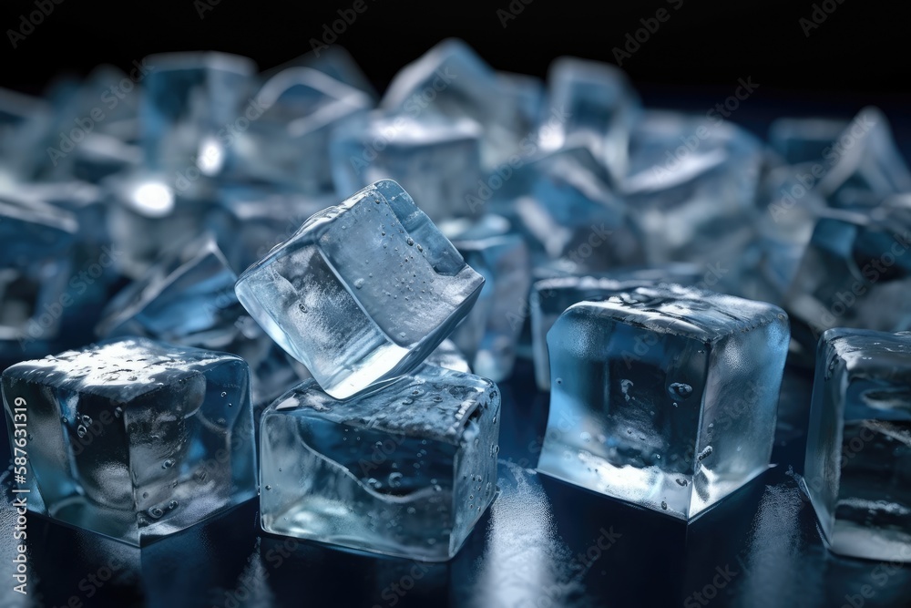 group of ice cubes on a wooden table in a warm environment. Generative AI group of ice cubes on a wooden table in a warm environment. Generative AI