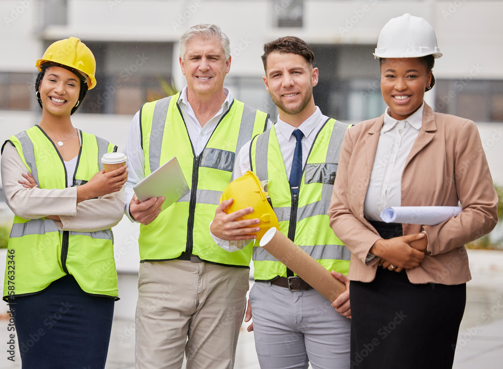 Construction site, portrait and team at a building for planning, creative and collaboration. Architecture, business people and designer group with blueprint, documents or engineering development plan Construction site, portrait and team at a building for planning, creative and collaboration. Architecture, business people and designer group with blueprint, documents or engineering development plan
