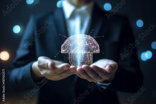 Businessman holding artificial Intelligence digital chatbot icon with message for AI innovation technology to provide information data concept. Generative AI Illustration