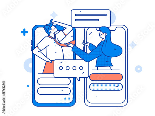 Virtual characters social communication concept business flat vector hand drawn illustration
