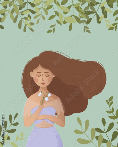 Illustration of a beautiful, cute  girl with flowers in her hand and  a floral background. good for blog avatar, greeting card,  web site, for international women day and many more