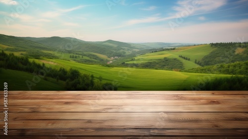 Wood table mockup with vibrant green hills on background. Empty copy space for product presentation. Generative AI