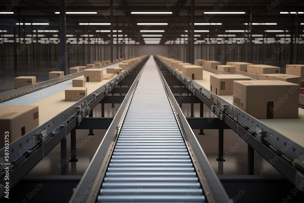 Fototapeta premium Open modern logistics warehouse, conveyor belt transportation box. AI technology generated image