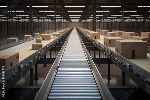 Open modern logistics warehouse  conveyor belt transportation box. AI technology generated image