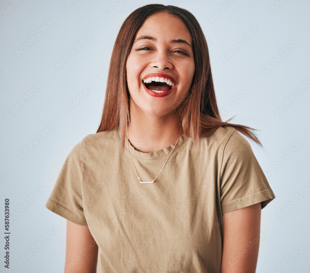Happy, laughing and portrait of a cheerful woman isolated on a white background in studio. Smile, funny and a beautiful young girl with happiness, smiling and positivity on a backdrop for expression Happy, laughing and portrait of a cheerful woman isolated on a white background in studio. Smile, funny and a beautiful young girl with happiness, smiling and positivity on a backdrop for expression