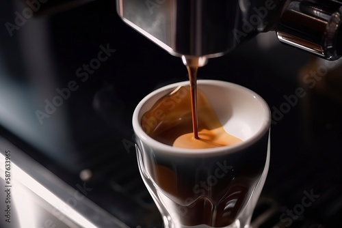 Close-up of espresso poured from coffee machine.AI technology generated image