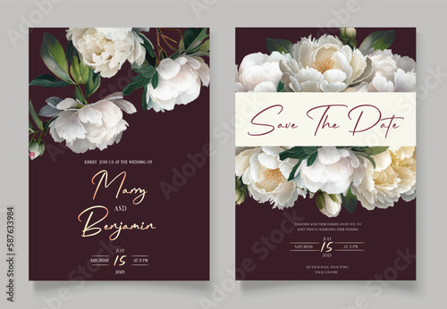 Wedding invitation with watercolor white Peony flowers and leaves, isolated on dark elegant background. Vector Watercolor.