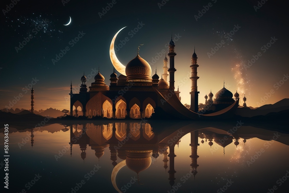 The concept of Ramadan, a mosque that shines at night.AI technology generated image