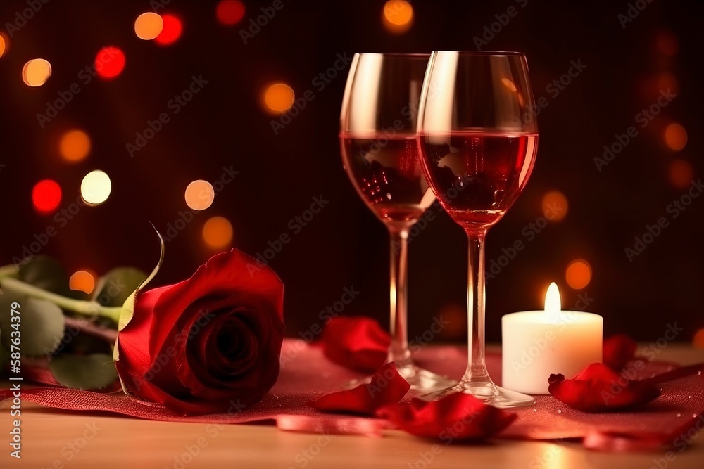 Valentine's Day background, roses and red wine glasses. AI technology generated image Valentine's Day background, roses and red wine glasses. AI technology generated image
