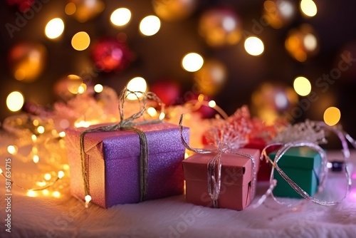 Small gifts and decorations on the background of Christmas lights.AI technology generated image