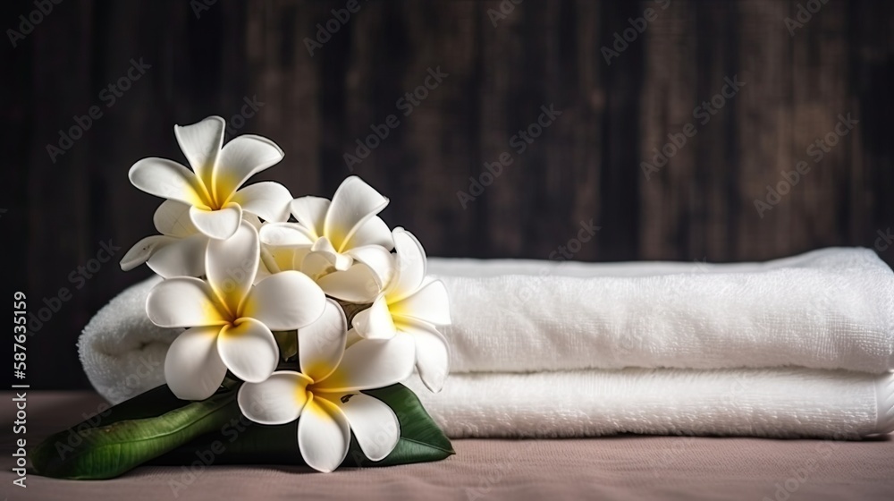 spa composition on massage with Soft White Towels flowers  Relaxation ,digital ai art