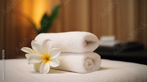 spa composition on massage with Soft White Towels flowers Relaxation ,digital ai art