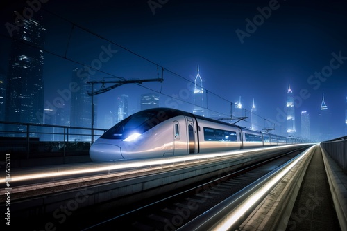 Foto High speed rail shuttles on urban railways at night