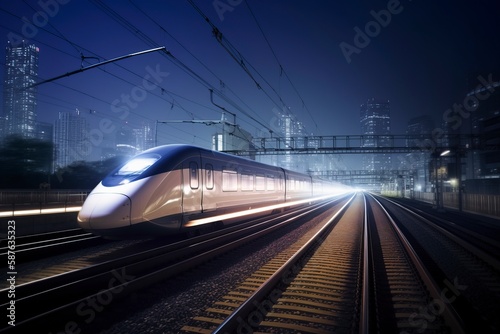 High speed rail shuttles on urban railways at night.AI technology generated image