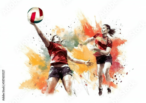 Watercolor abstract illustration of volleyball. Volleyball in action during colorful paint splash  isolated on white background. AI generated illustration.