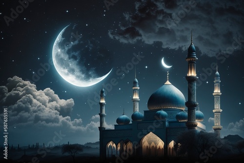 The concept of Ramadan, a mosque that shines at night.AI technology generated image © onlyyouqj