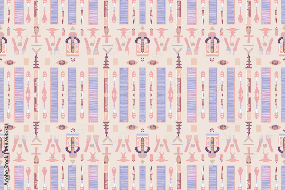 Ethnic ikat egyptian hieroglyphs pattern pastel color. Abstract traditional folk antique tribal graphic line ornate elegant luxury vintage retro. Texture textile fabric ethnic egyptian patterns vector