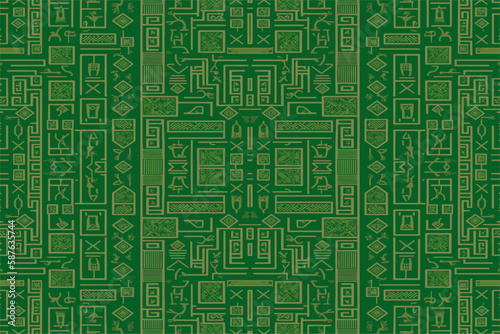Egyptian hieroglyphs ethnic pattern green background. Abstract traditional folk antique tribal zigzag graphic line. Texture textile fabric Egyptian vector ornate elegant luxury vintage retro style.