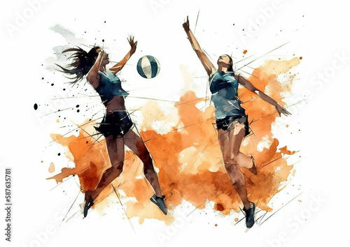 Watercolor abstract illustration of volleyball. Volleyball in action during colorful paint splash, isolated on white background. AI generated illustration.