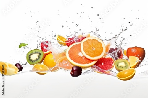 Fruit flying in the air, splashing water. AI technology generated image