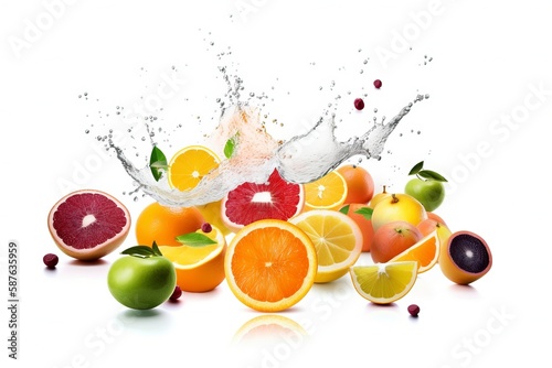 Fruit flying in the air  splashing water. AI technology generated image