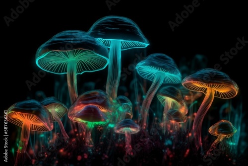 Glowing colorful transparent mushrooms on black background. Generative AI