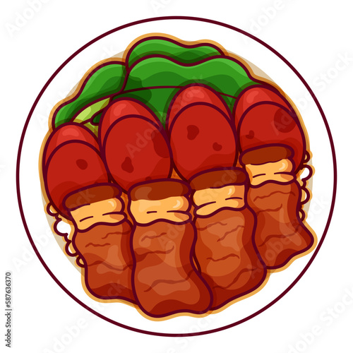 Chinese preserved meat rice (Lap Mei Fan) illustration vector.  Chinese waxed meat rice food icon top view. Taiwanese pork waxed meat rice top view cartoon.  Fried rice with chinese sausage food menu 