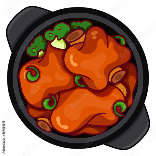 Braised pork feet chinese recipe illustration vector.  Asian taiwanese braised pork knuckle food icon top view. Chinese braised pork hock view cartoon.  Taiwanese braised pork hock food menu icon.