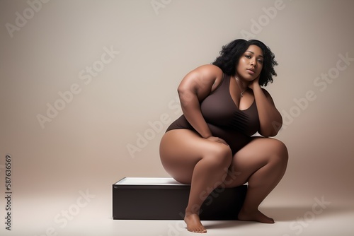 Tolerance to plus sized people. Overweight African-American adult woman poses in underwear sitting on cube in studio. Copy space. Generative Ai. Concept of body positive, liposuction and fatness