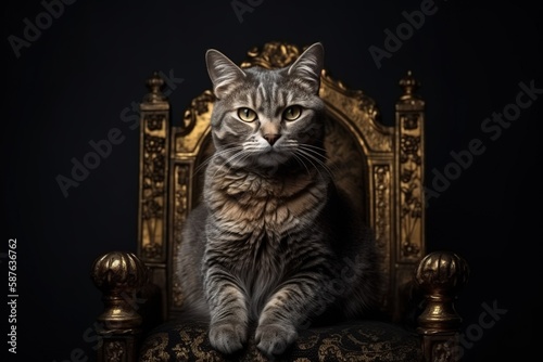 Domestic cat on the throne, royal animal king. Generative AI