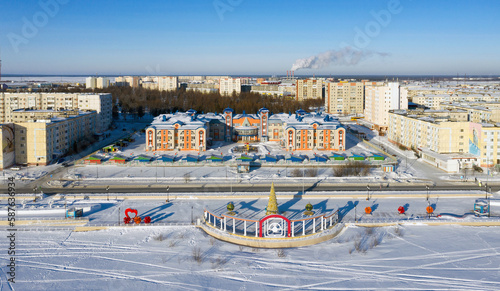Winter view from the height of the city embankment of the northern city of Nadym in Russia