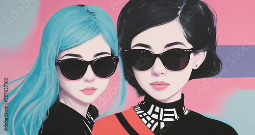 Painting portrait of two young women in sunglasses on abstract painting background. Content made with generative AI not based on real persons.